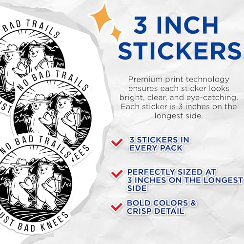 (3 Pack) Hiking Bear Decals - Funny Knee Problem - Outdoor Adventure Decals - 3 Inches On Longest Side - Easy Peel & Apply - Made in USA - 3MCS4360