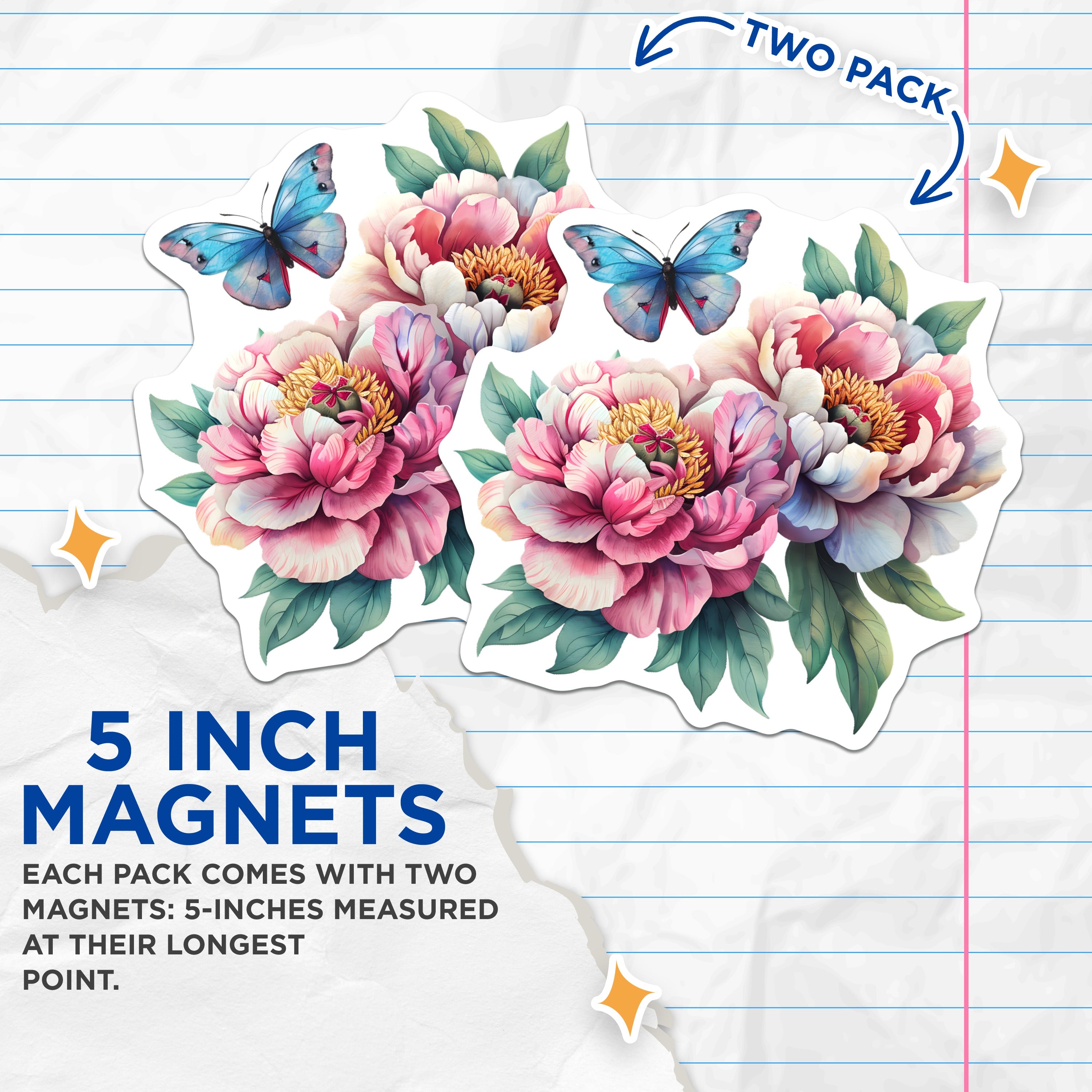 (2 Pack) Peony Butterfly Magnets - Floral Fridge Decor - Botanical Cabinet Magnets - Spring Nature Magnets - 5 Inches On Longest Side - Thick Durable Magnet - Made in USA - MAG39062