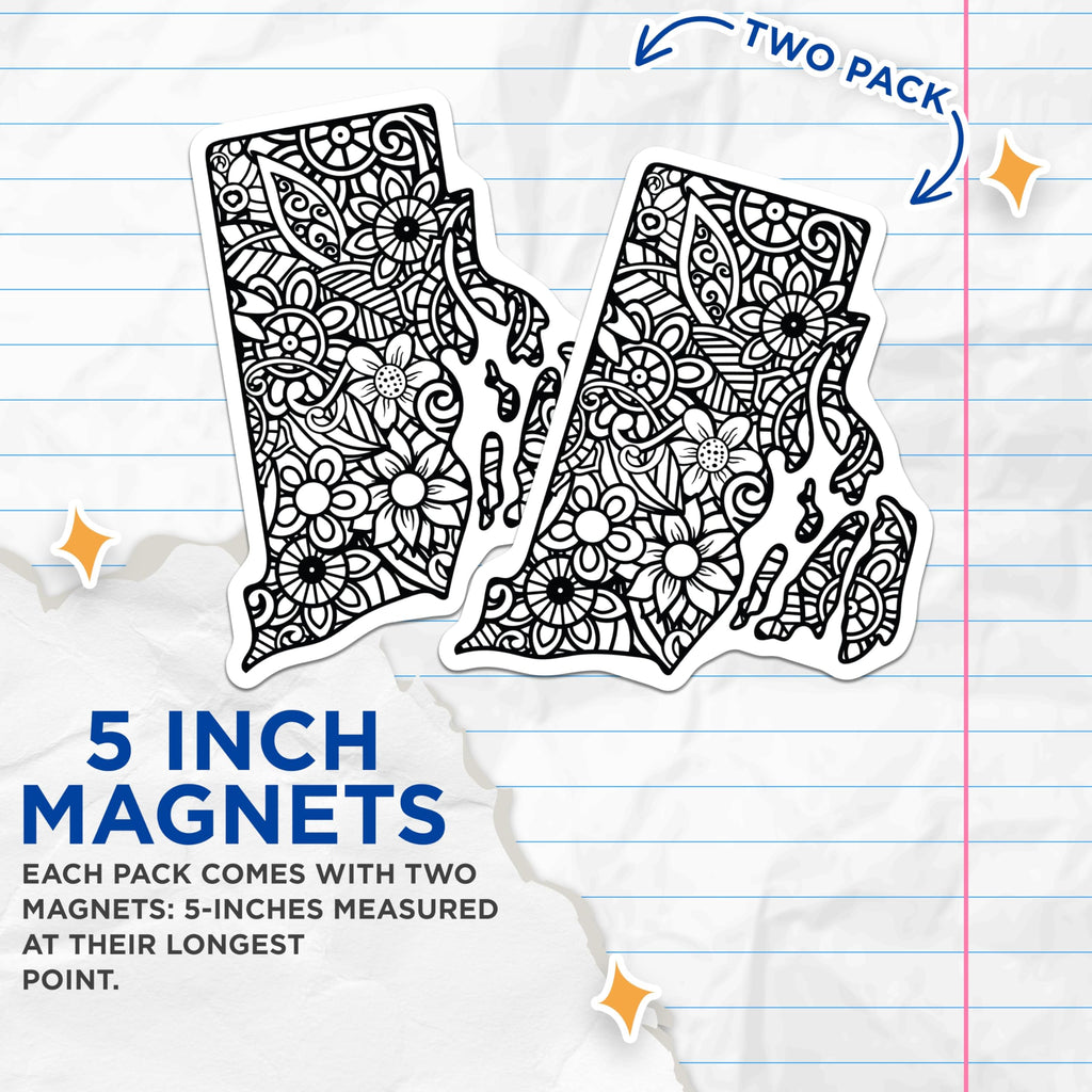 (2 Pack) Rhode Island State Map Magnets - Intricate Mandala Floral Art - RI State Outline Refrigerator Decor - 5 Inches On Longest Side - Thick Durable Magnet - Made in USA - MAG19013