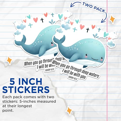 (2 Pack) Whale Inspirational Stickers - Bible Verse Stickers - Motivational Whale Stickers - 5" On Longest Side - Sticks to Any Smooth Flat Surface - Made in USA - BMCS2837