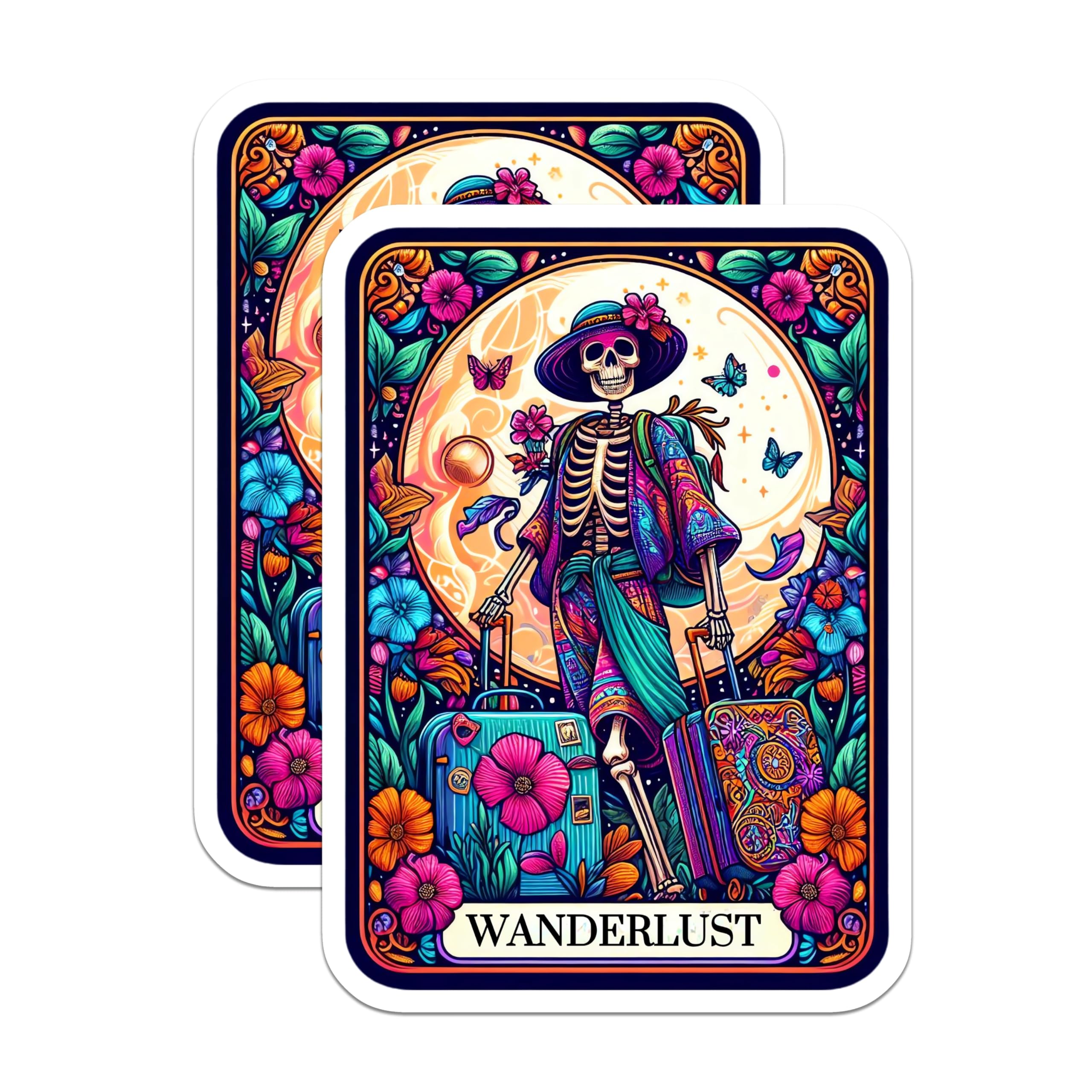 (2 Pack) Wanderlust Skeleton Magnets - Bohemian Traveler Decor - Colorful Folk Art Fridge - 5 Inches On Longest Side - Thick Durable Magnet - Made in USA - MAG29075
