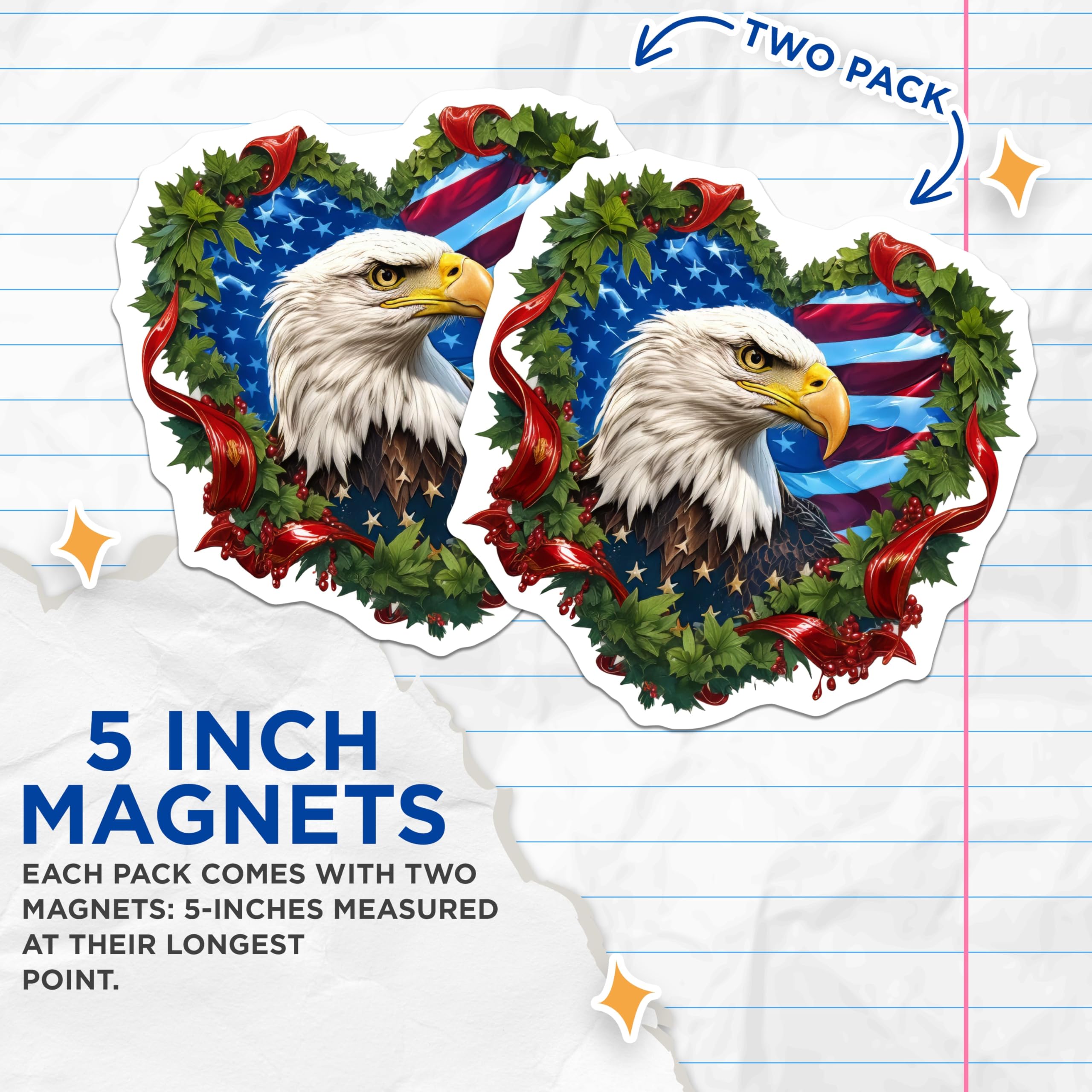 (2 Pack) Bald Eagle Magnets - American Flag Heart Wreath Design - Patriotic USA Symbolism - Freedom Spirit Home Decoration - 5 Inches On Longest Side - Thick Durable Magnet - Made in USA - MAG21111