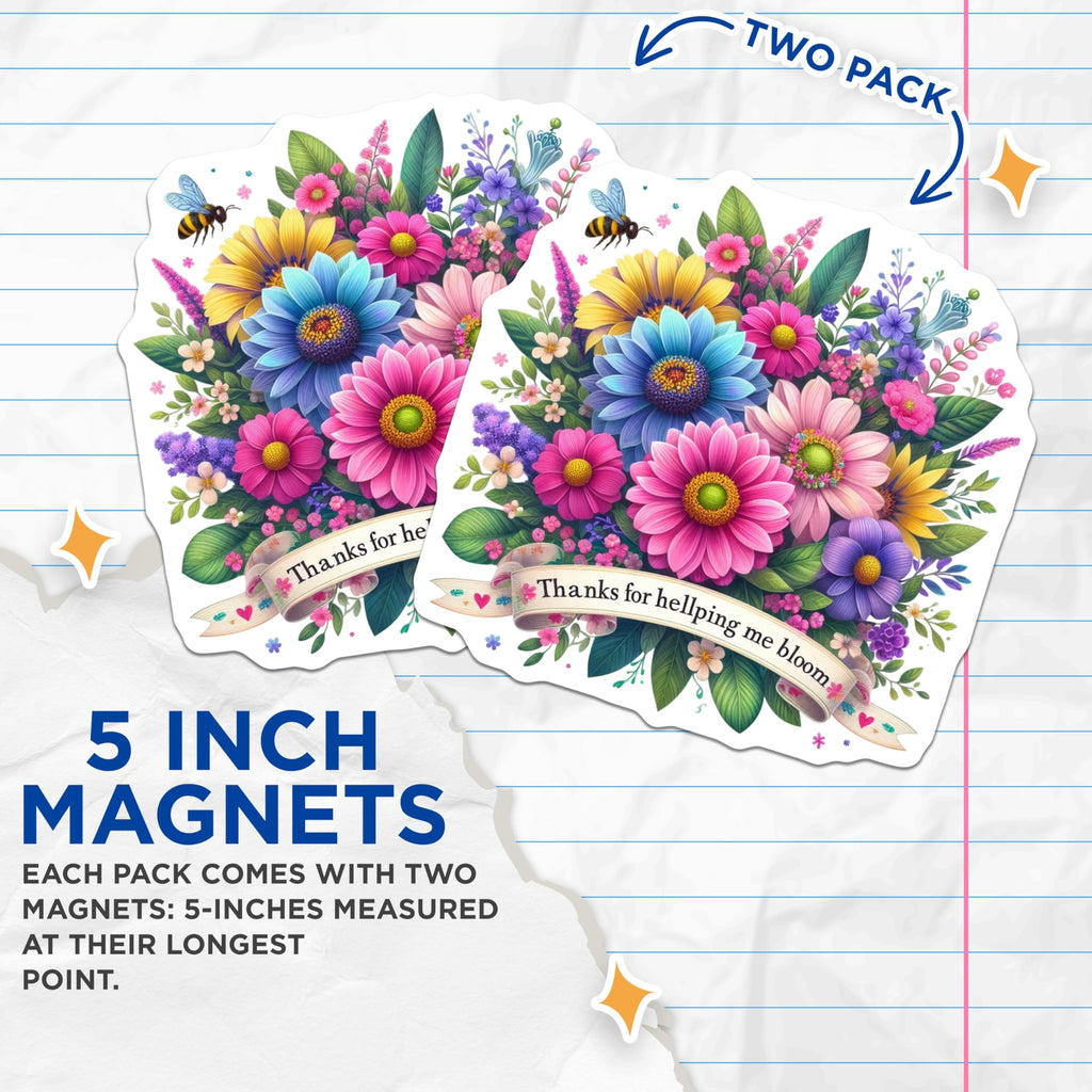 (2 Pack) Floral Thanks Magnets - Flower Bouquet Refrigerator Magnets - Appreciation Magnets - 5" On Longest Side - Premium Magnet - for Cars, Refrigerators, Toolboxes, Lockers - Made in USA - MAG16143
