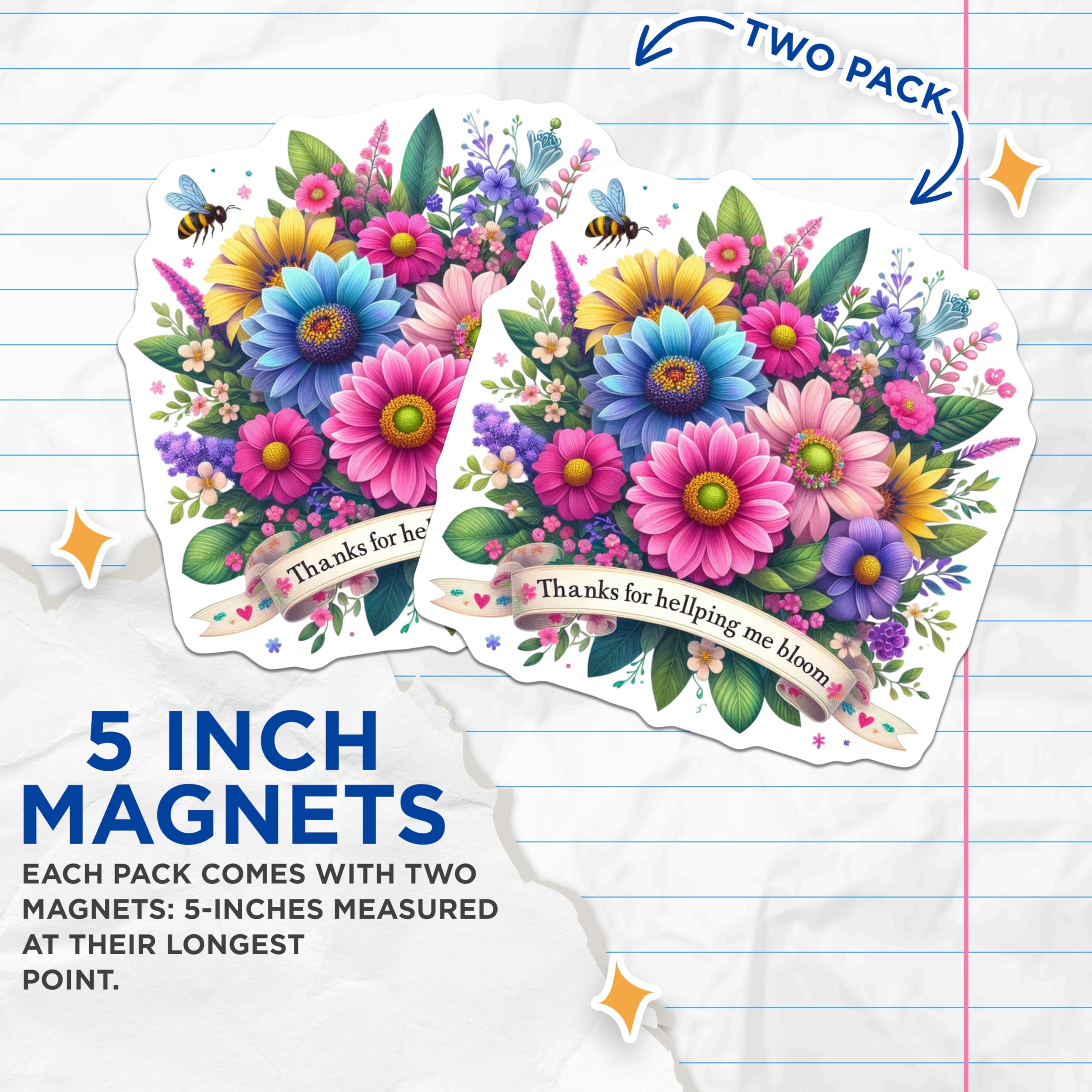 (2 Pack) Floral Thanks Magnets - Flower Bouquet Refrigerator Magnets - Appreciation Magnets - 5" On Longest Side - Premium Magnet - for Cars, Refrigerators, Toolboxes, Lockers - Made in USA - MAG16143