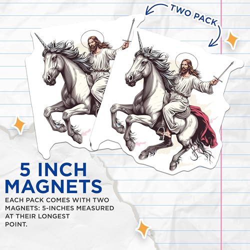 (2 Pack) Jesus Riding Unicorn Magnets - Fantasy Art Magnets - Religious Theme Magnets - Inspirational Magnets - 5" On Longest Side - for Cars, Refrigerators, Toolboxes, Lockers - Made in USA BMCS3058