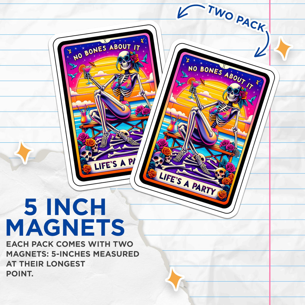 (2 Pack) Skeleton Magnets - Beach Party Decor - Retro Summer Vibes - Quirky Fridge Magnets - Fun Skull Art - 5 Inches On Longest Side - Thick Durable Magnet - Made in USA - MAG30236