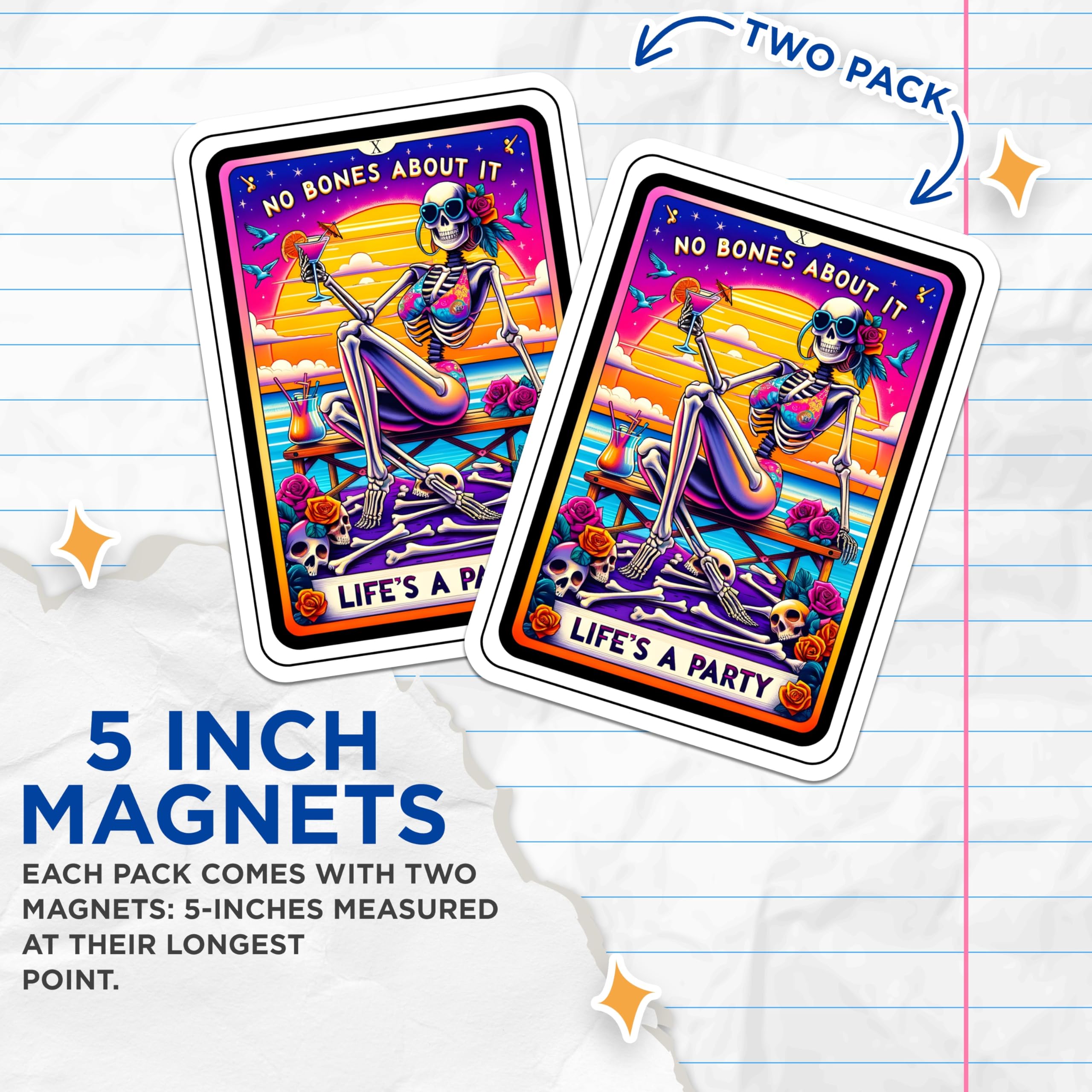 (2 Pack) Skeleton Magnets - Beach Party Decor - Retro Summer Vibes - Quirky Fridge Magnets - Fun Skull Art - 5 Inches On Longest Side - Thick Durable Magnet - Made in USA - MAG30236
