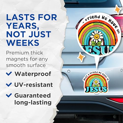 (2 Pack) What a Friend We Have in Jesus Magnets - Rainbow Flower Magnets - Religious Encouragement Magnets - 5" On Longest Side - for Cars, Refrigerators, Toolboxes, Lockers - Made in USA BMCS3116