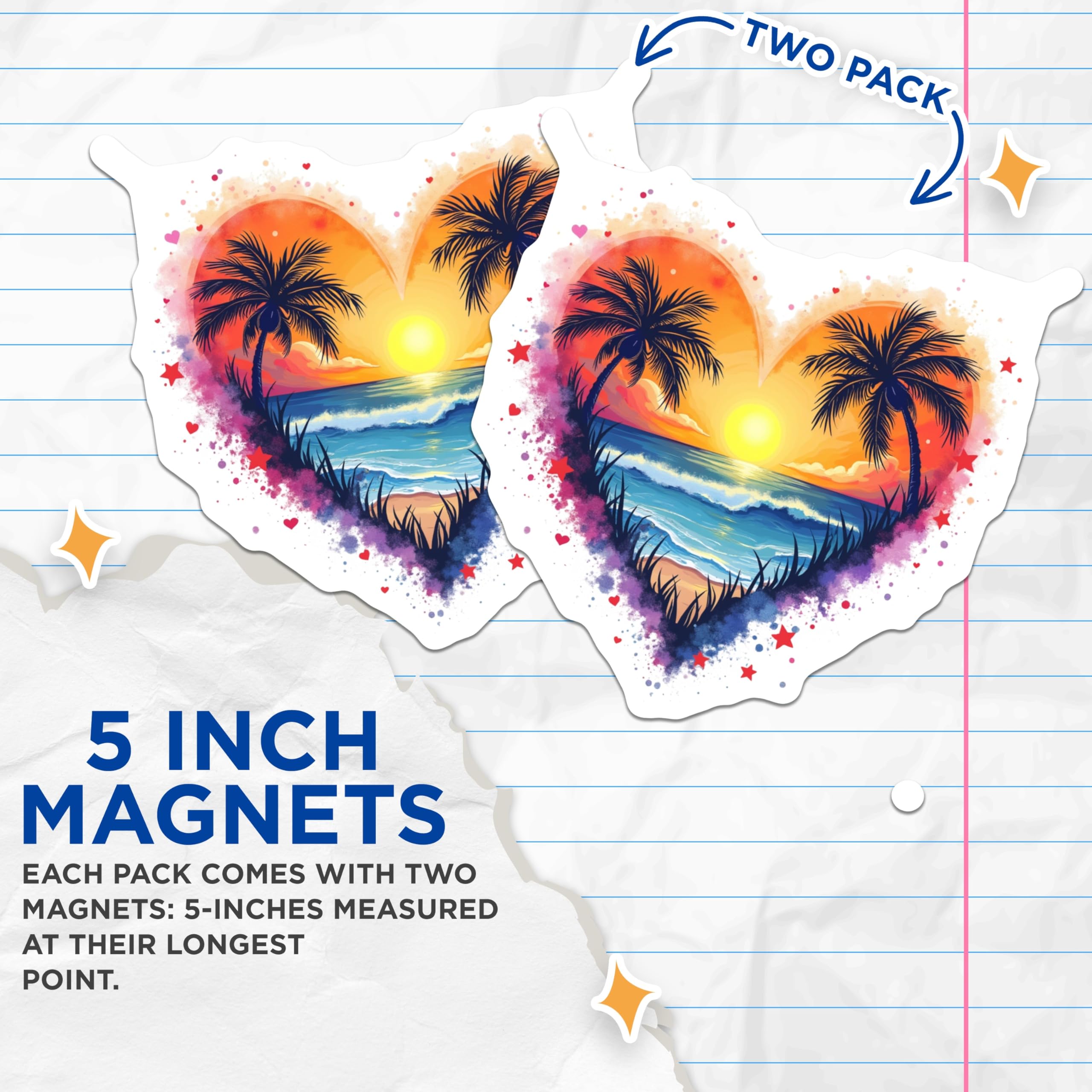 (2 Pack) Tropical Sunset Beach Magnets - Heart Palm Tree Vacation Ocean - Summer Vibe Refrigerator Decor - 5 Inches On Longest Side - Thick Durable Magnet - Made in USA - MAG28758
