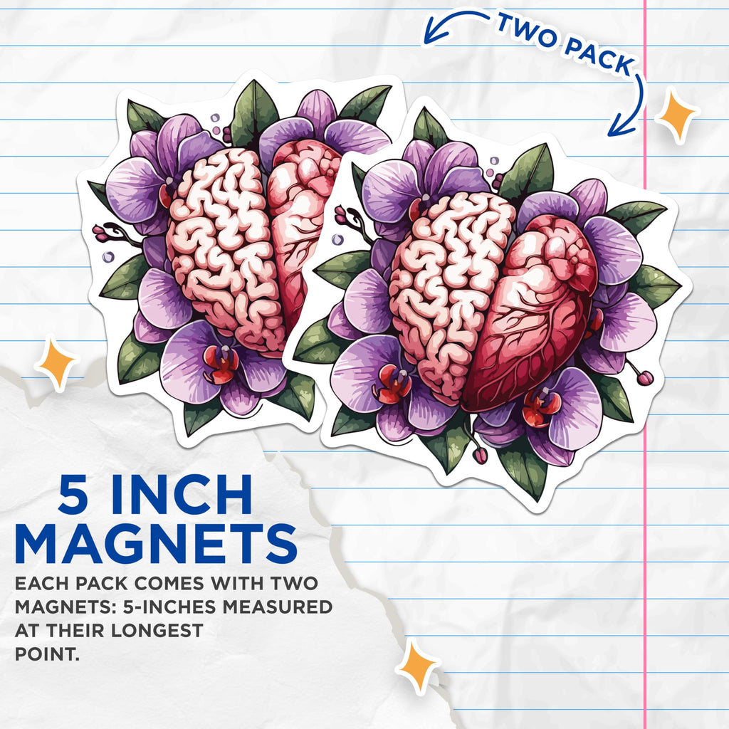 (2 Pack) Brain Heart Magnets - Orchid Flower Art - Anatomy Love Symbol Decor - Mind Body Balance - Floral Illustration - 5 Inches On Longest Side - Thick Durable Magnet - Made in USA - MAG19663
