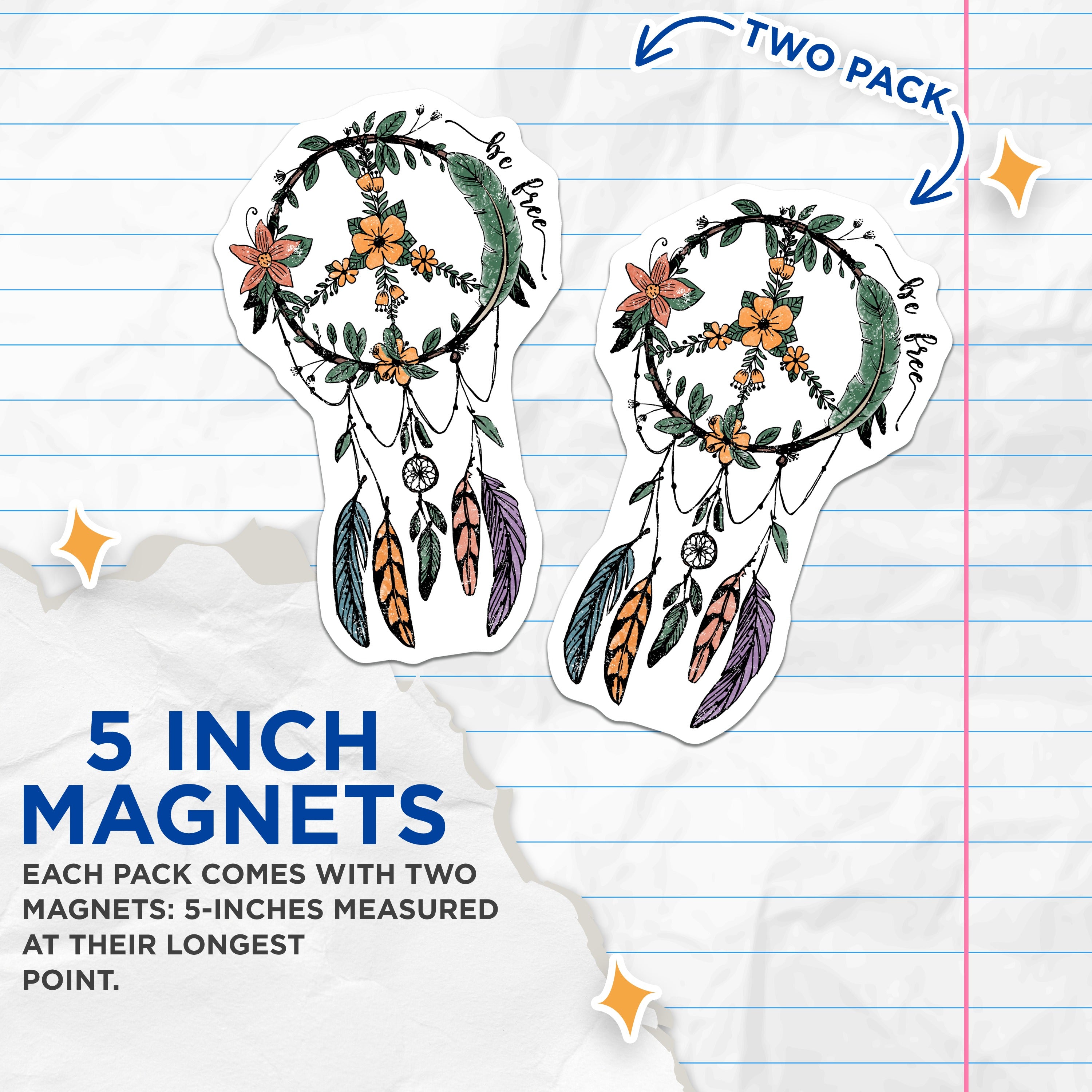 (2 Pack) Boho Peace Sign Magnets - Floral Dreamcatcher Decor - Be Free Hippie Vibe Magnet - 5 Inches On Longest Side - Thick Durable Magnet - Made in USA - MAG36592