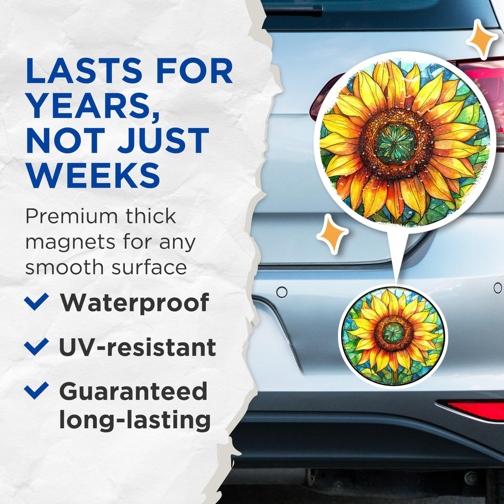 (2 Pack) Sunflower Stained Glass Magnets - Boho Floral Refrigerator Decor - Nature Inspired Art Mandala Accent - 5 Inches On Longest Side - Thick Durable Magnet - Made in USA - MAG28114