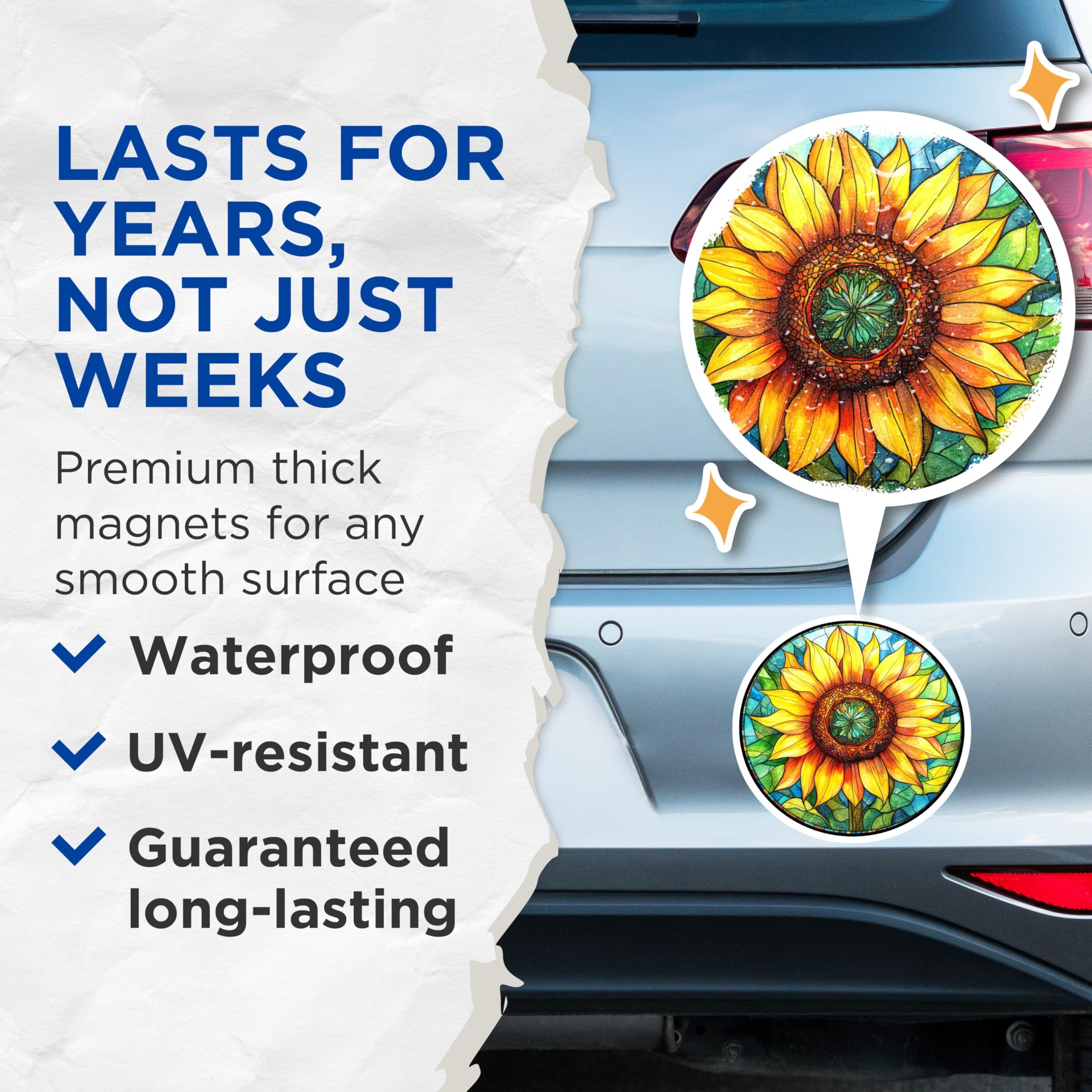 (2 Pack) Sunflower Stained Glass Magnets - Boho Floral Refrigerator Decor - Nature Inspired Art Mandala Accent - 5 Inches On Longest Side - Thick Durable Magnet - Made in USA - MAG28114