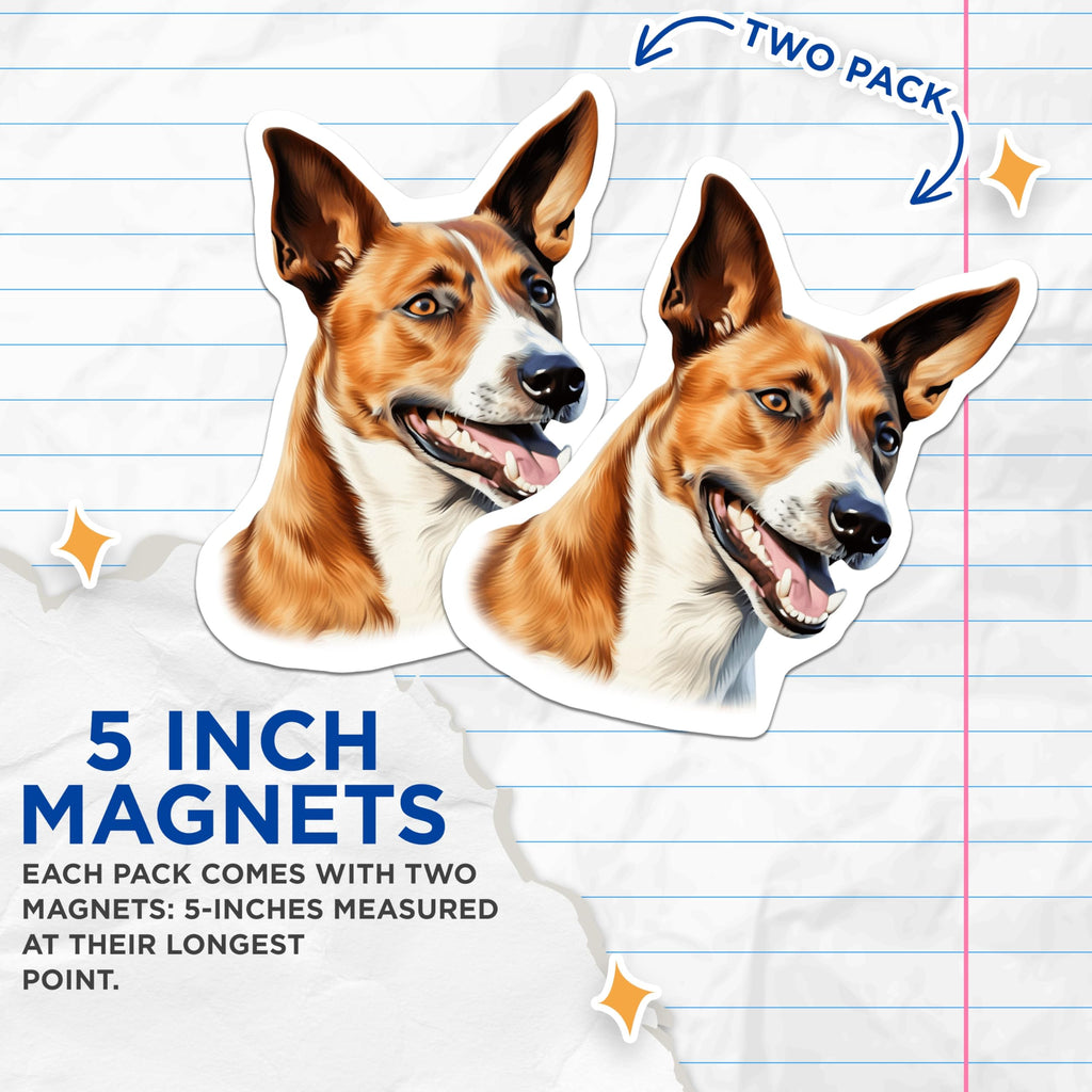 (2 Pack) Basenji Dog Magnets - Smiling Dog Art Portrait - Pet Lover Fridge Decor - Dog Owner Present - 5 Inches On Longest Side - Thick Durable Magnet - Made in USA - MAG30482