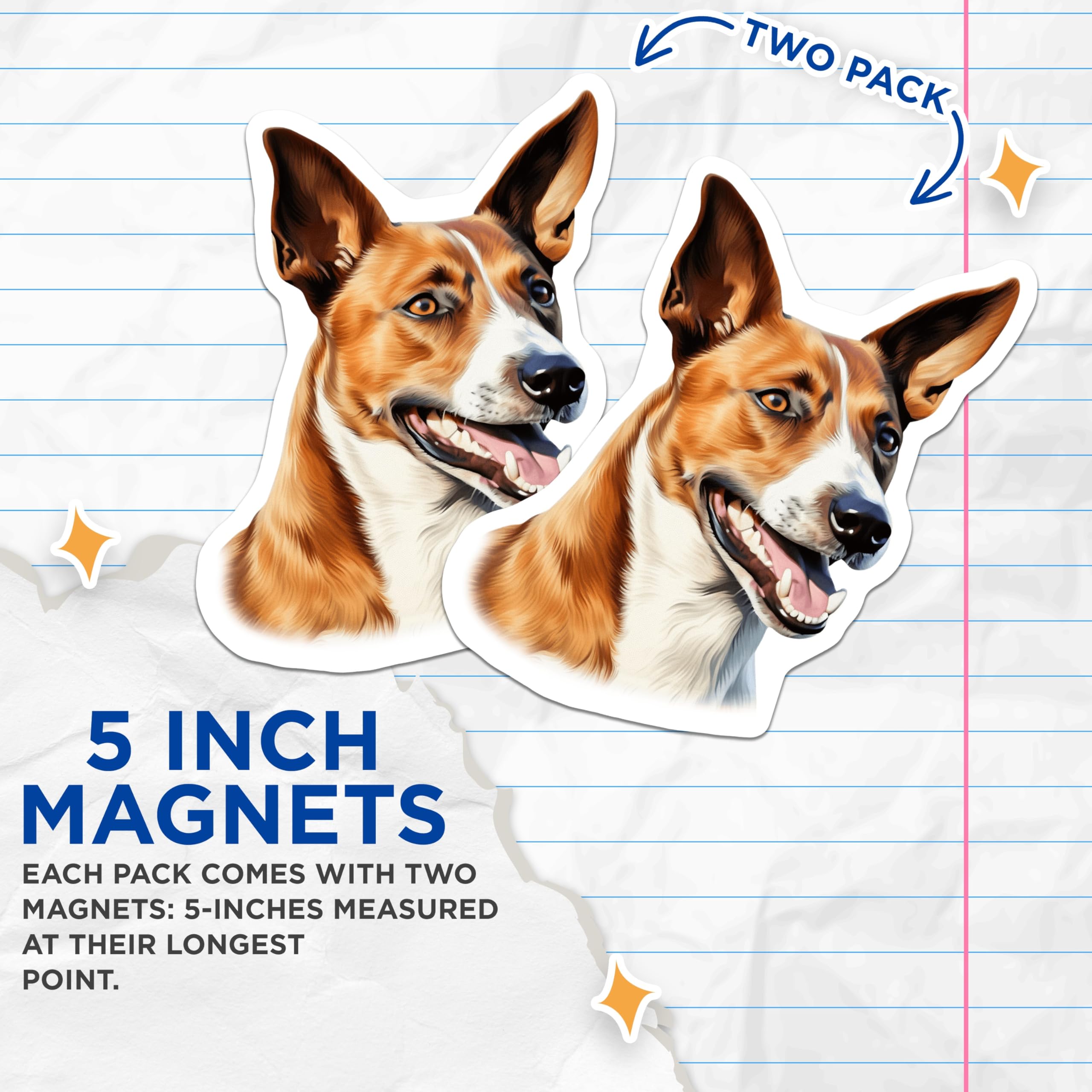 (2 Pack) Basenji Dog Magnets - Smiling Dog Art Portrait - Pet Lover Fridge Decor - Dog Owner Present - 5 Inches On Longest Side - Thick Durable Magnet - Made in USA - MAG30482