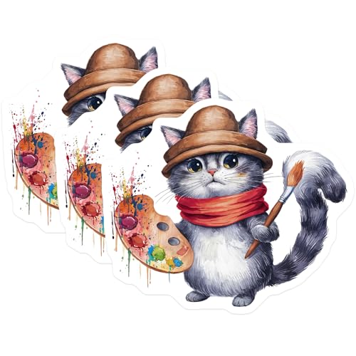 (3 Pack) Cat Artist Decals - Painting Kitty - Cute Animal Stickers - 3 Inches On Longest Side - Easy Peel & Apply - Made in USA - 3MCS7395