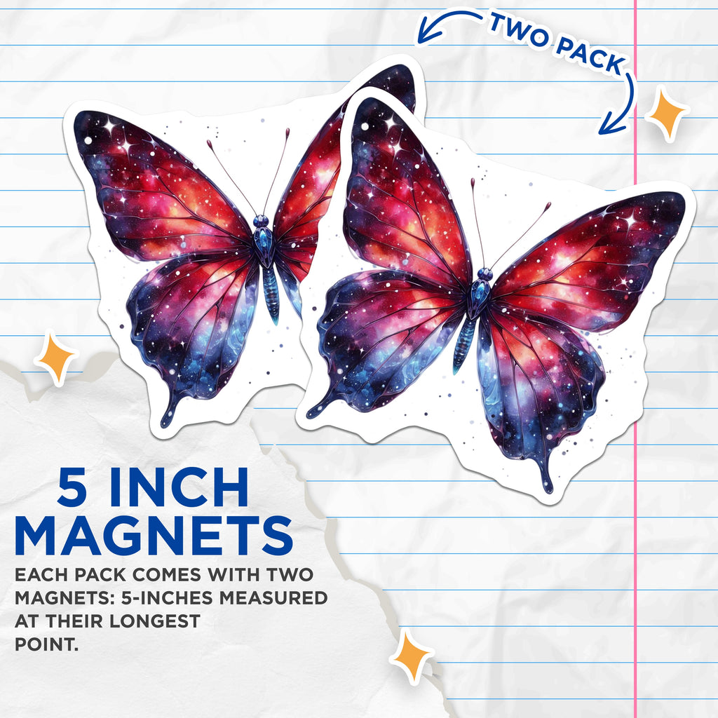 (2 Pack) Galaxy Butterfly Magnets - Celestial Fridge Decor - Cosmic Art Magnet - Aesthetic Locker Decoration - 5 Inches On Longest Side - Thick Durable Magnet - Made in USA - MAG36463