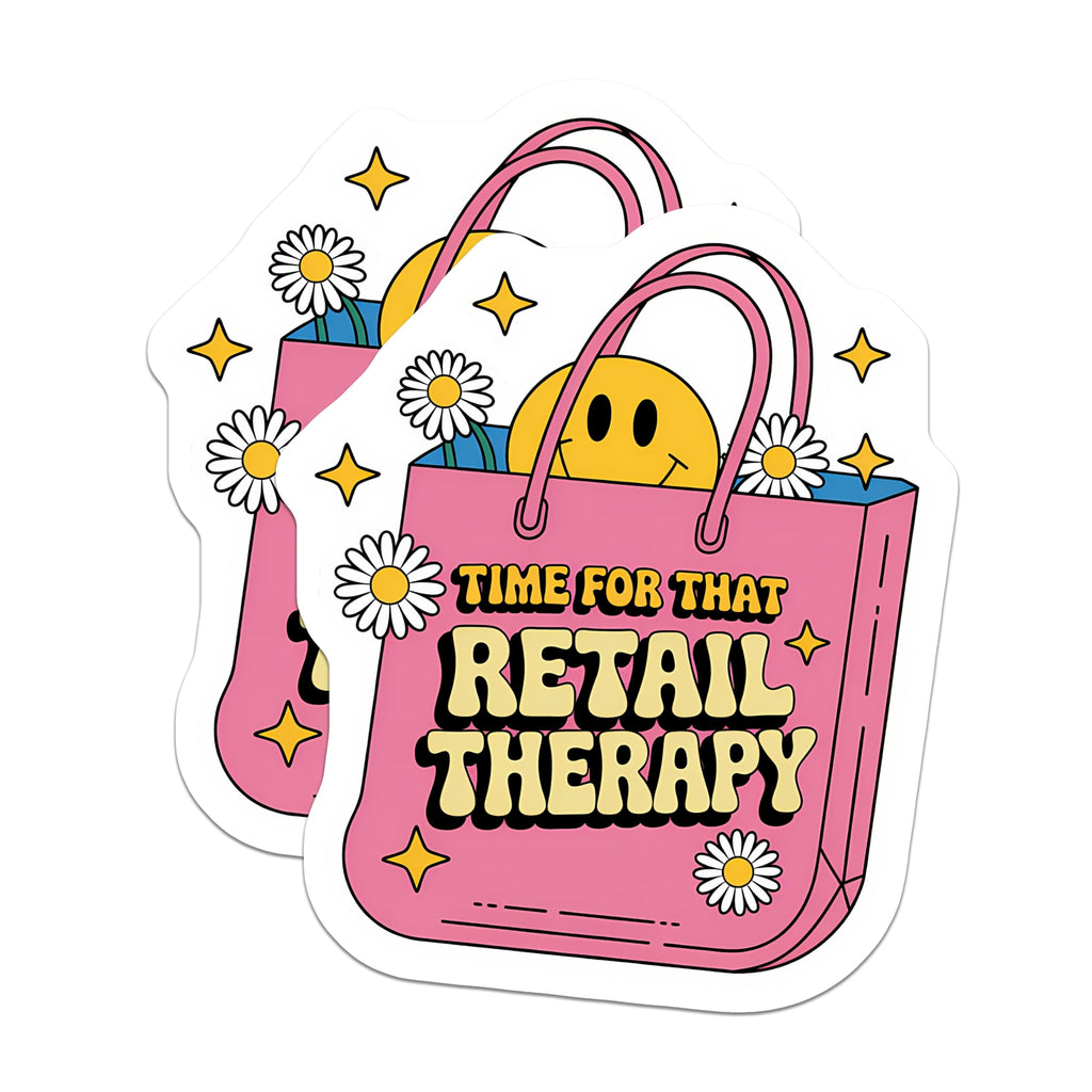 (2 Pack) Retail Therapy Magnets - Fun Shopping Bag Decor - Retro Smiley Face Daisy Kitchen Refrigerator Accessories - 5 Inches On Longest Side - Thick Durable Magnet - Made in USA - MAG22344