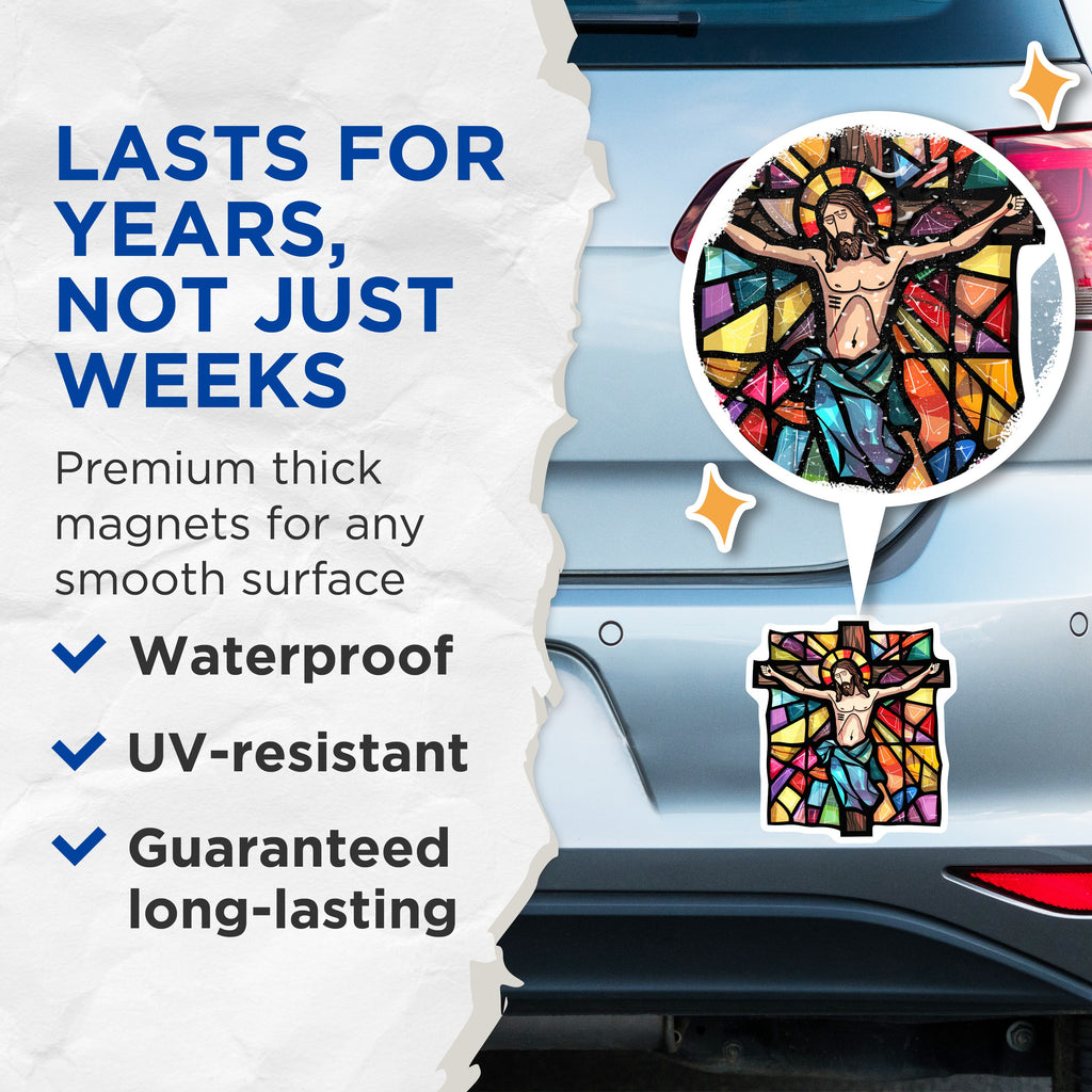 (2 Pack) Stained Glass Jesus Crucifixion Magnets - Christian Faith Decor - Catholic Religious Art Holy Week Symbol - 5 Inches On Longest Side - Thick Durable Magnet - Made in USA - MAG36885