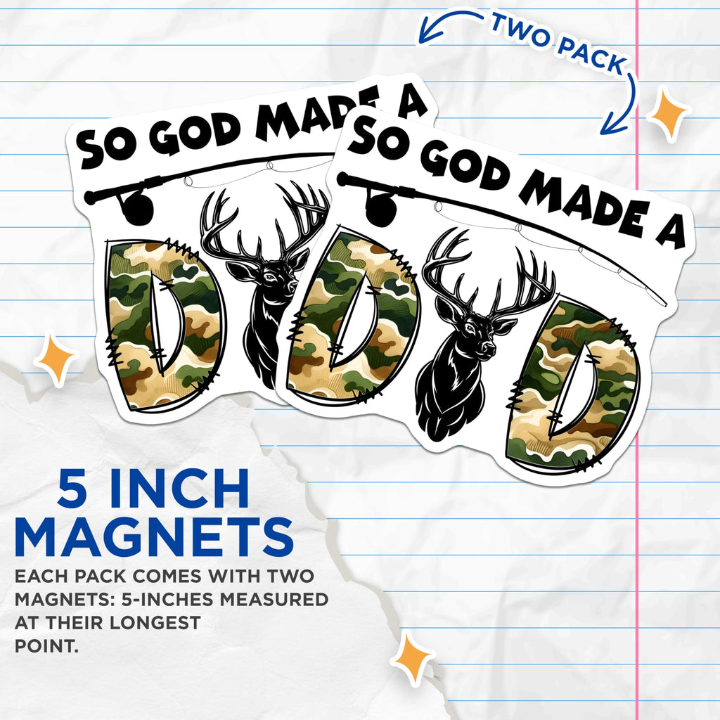 (2 Pack) Dad Fishing Magnets - Deer Hunter Decor - Father's Day Fridge Magnets for Men - 5" On Longest Side - Premium Magnet - for Cars, Refrigerators, Toolboxes, Lockers - Made in USA - MAG15007