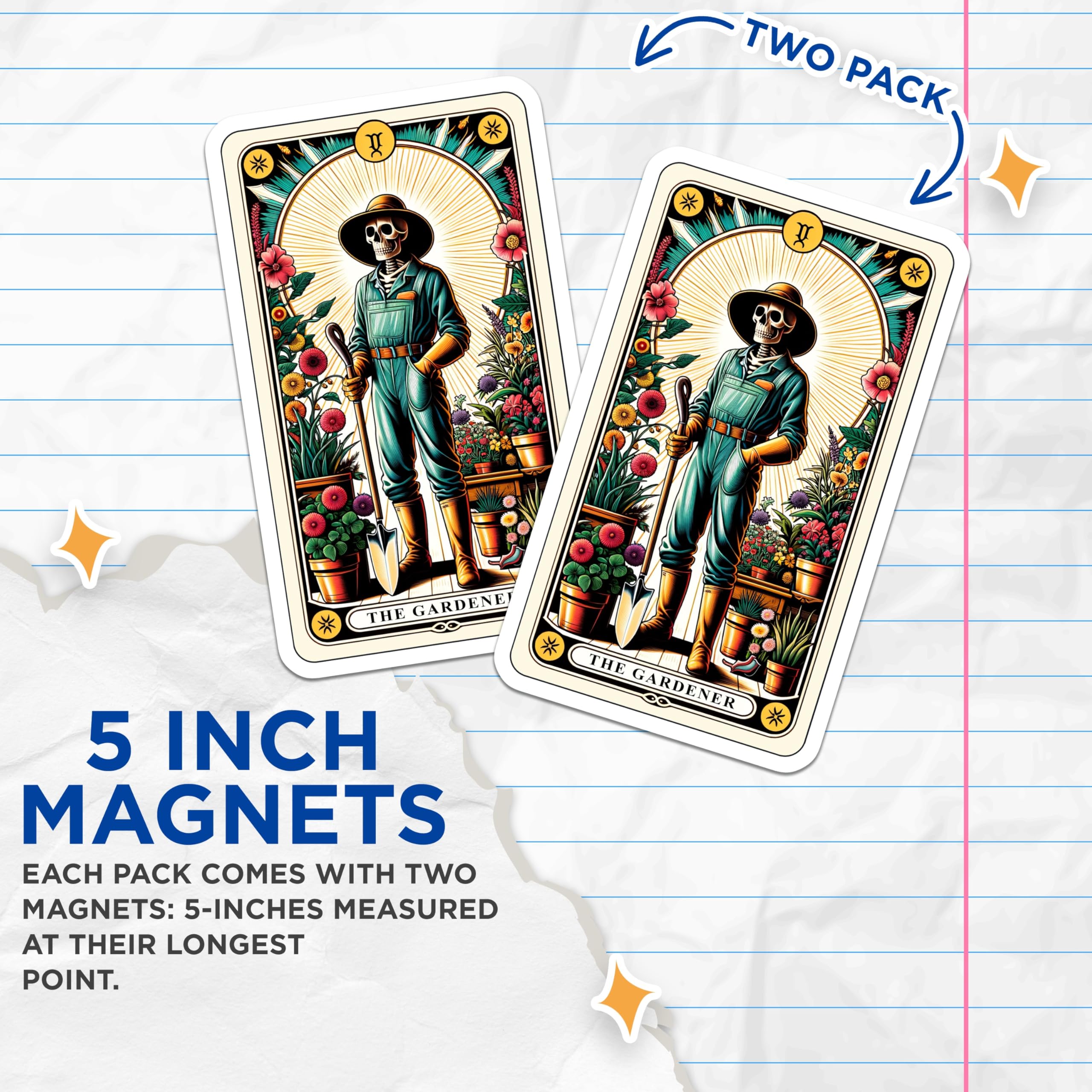 (2 Pack) Skeleton Gardener Magnets - Tarot Card Art - Mystical Garden Decor - 5 Inches On Longest Side - Thick Durable Magnet - Made in USA - MAG21411