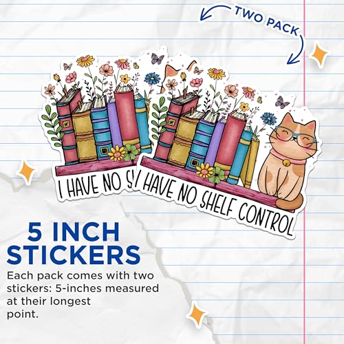 (2 Pack) Cat Book Lover Stickers - Shelf Control Stickers - Cute Cat Reading Stickers - 5" On Longest Side - Sticks to Any Smooth Flat Surface - Made in USA - BMCS2977