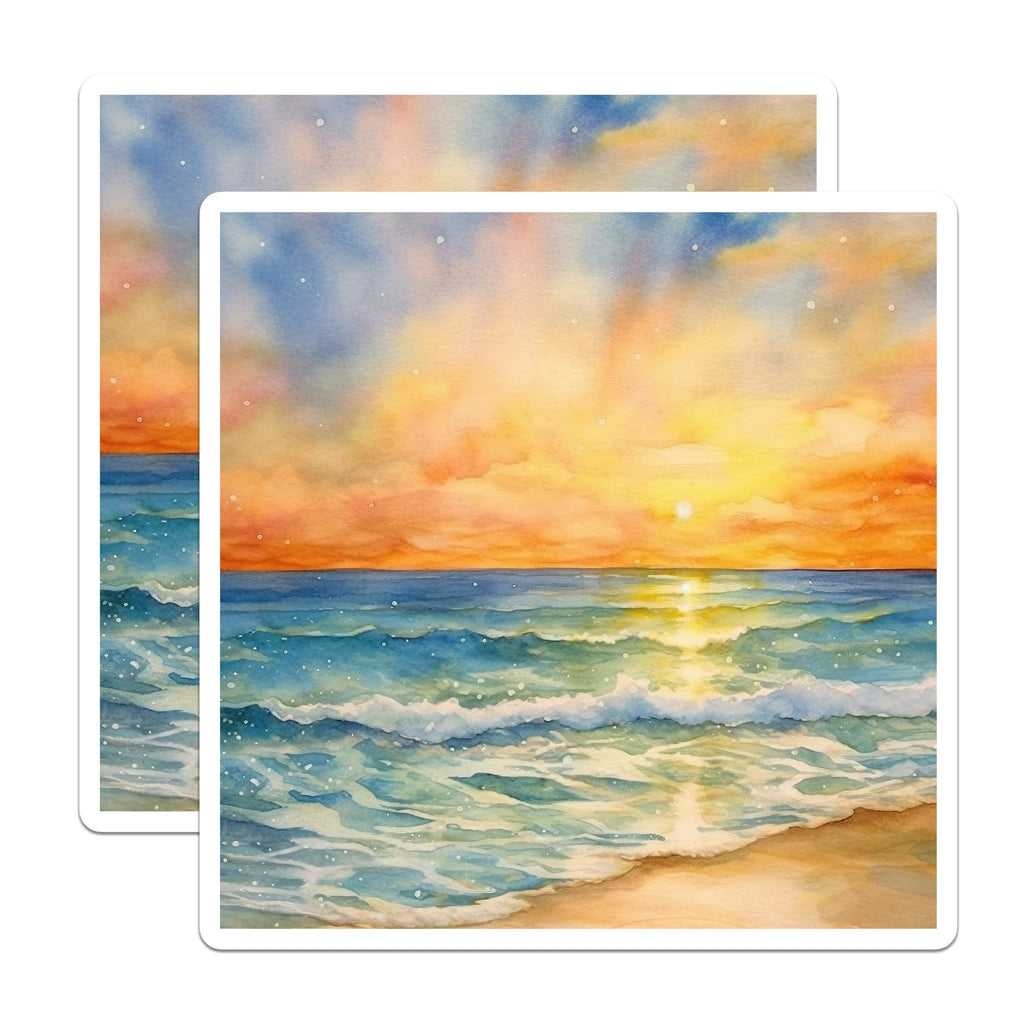 (2 Pack) Watercolor Beach Sunset Magnets - Ocean Waves Art - Coastal Scene Decor - 5 Inches On Longest Side - Thick Durable Magnet - Made in USA - MAG24330