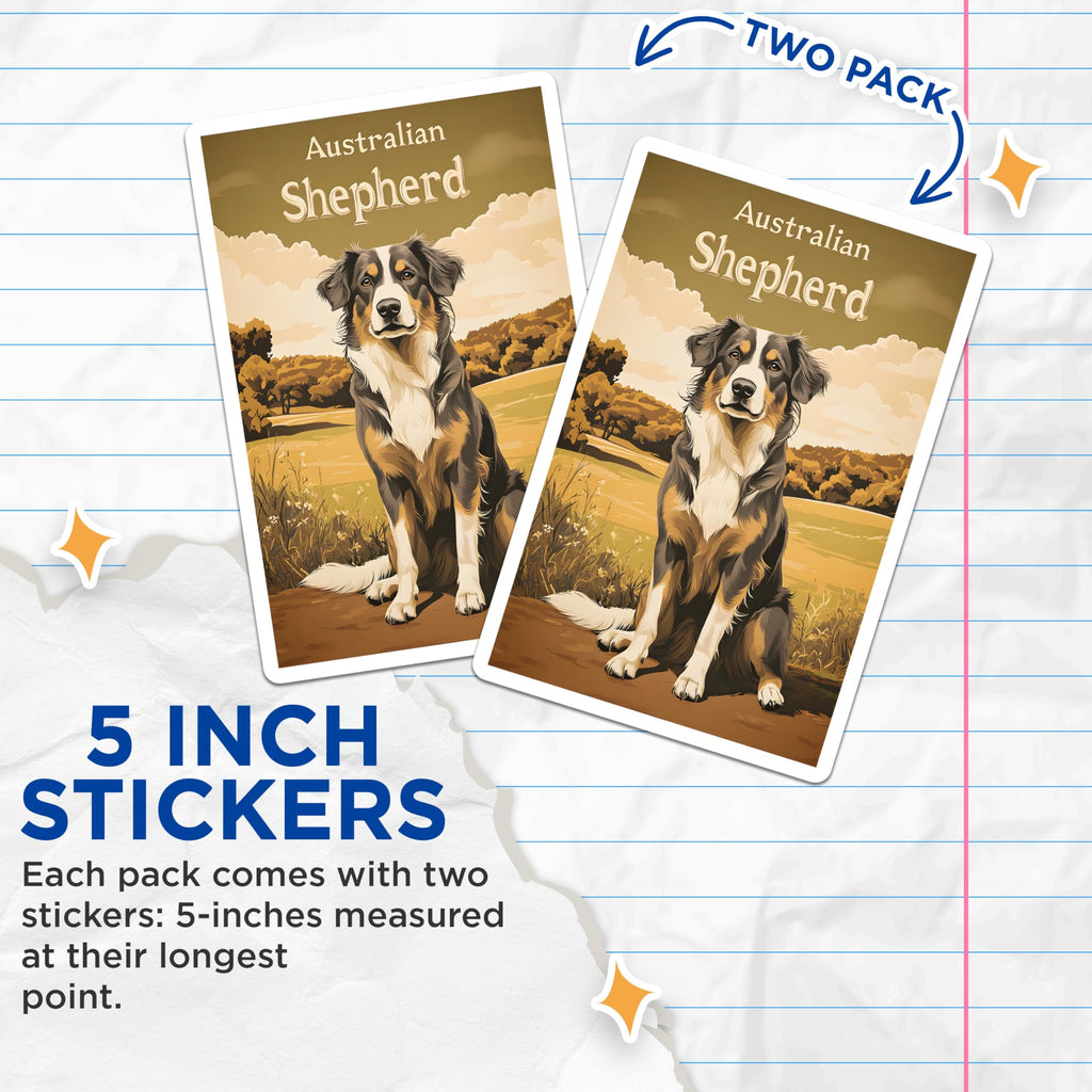 (2 Pack) Australian Shepherd Stickers - Herding Dog Art - Canine Companion Decal - 5" On Longest Side - Sticks to Smooth Flat Surfaces - Made in USA - BMCS21924