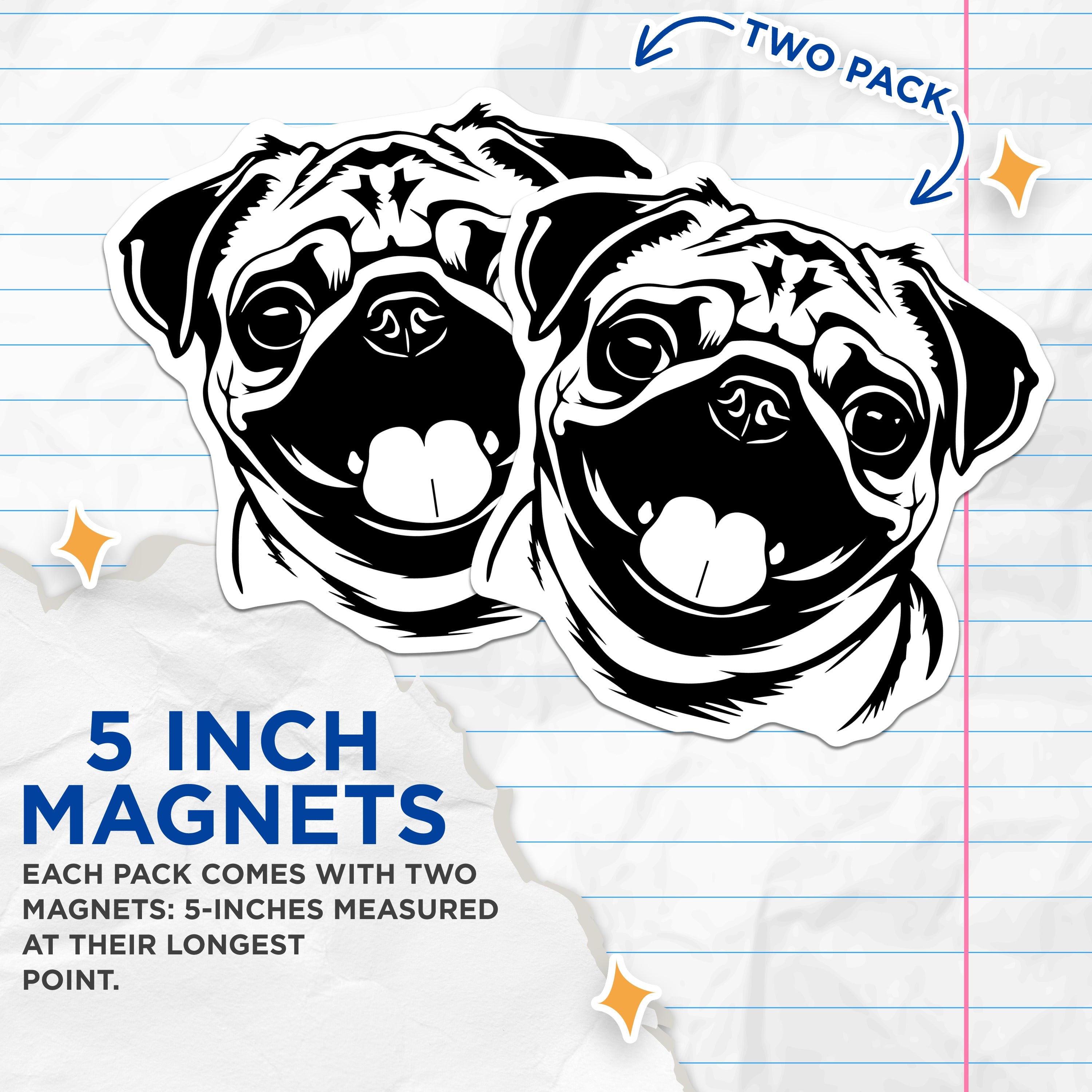 (2 Pack) Pug Dog Magnets - Cute Pet Lover Refrigerator Decor - Animal Parent Kennel Locker - 5 Inches On Longest Side - Thick Durable Magnet - Made in USA - MAG38072