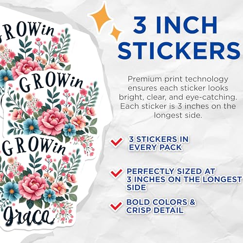 (3 Pack) Grow in Grace Decals - Floral Art - Inspirational Decals - 3 Inches On Longest Side - Easy Peel & Apply - Made in USA - 3MCS2853
