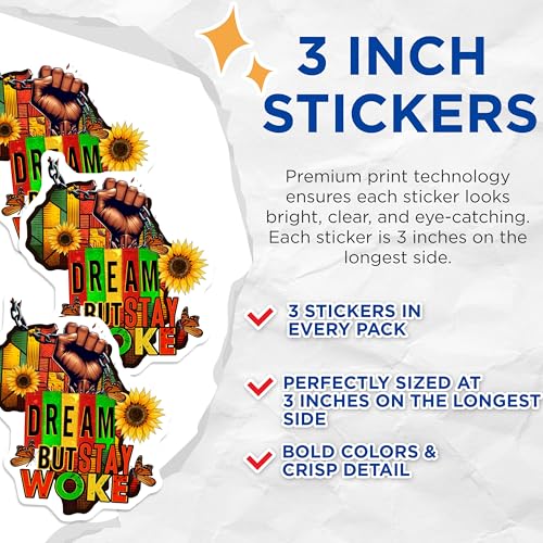 (3 Pack) Dream But Stay Woke Decals - Pan African - Sunflower Butterfly Design - Laptop Decal - 3 Inches On Longest Side - Easy Peel & Apply - Made in USA - 3MCS6614