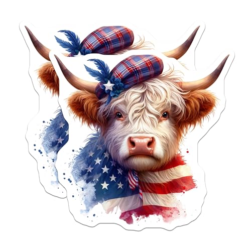 (2 Pack) Highland Cow Stickers - American Flag Sticker - Scottish Highland Cow Art - 5" On Longest Side - Sticks to Smooth Flat Surfaces - Made in USA - BMCS6344