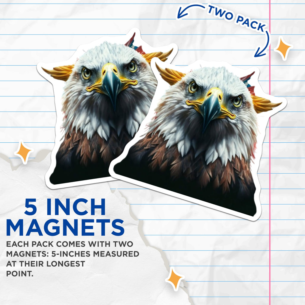 (2 Pack) Bald Eagle Head Magnets - American Patriotic Decor - USA National Bird Art - Wildlife Fridge Magnets - 5 Inches On Longest Side - Thick Durable Magnet - Made in USA - MAG22009