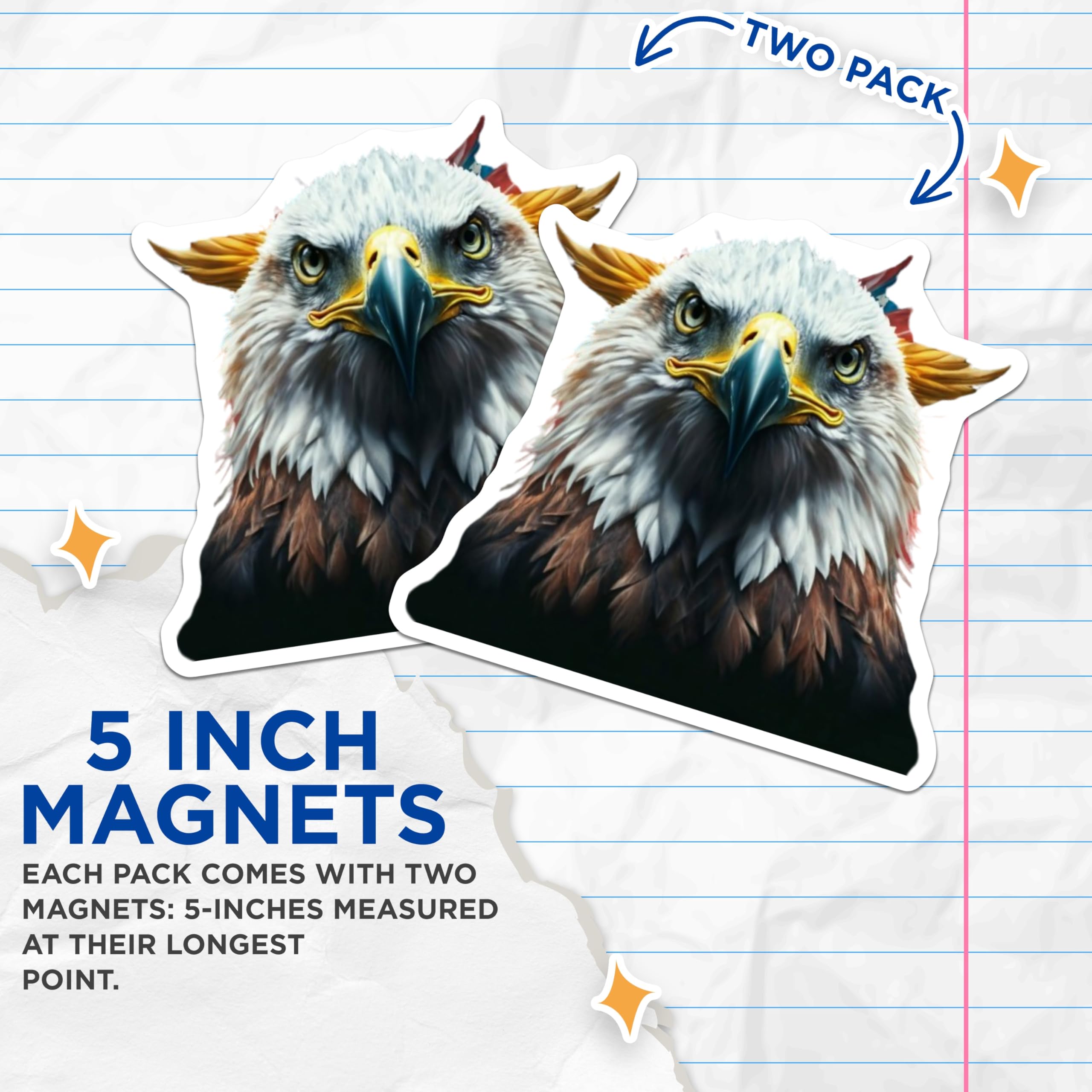 (2 Pack) Bald Eagle Head Magnets - American Patriotic Decor - USA National Bird Art - Wildlife Fridge Magnets - 5 Inches On Longest Side - Thick Durable Magnet - Made in USA - MAG22009