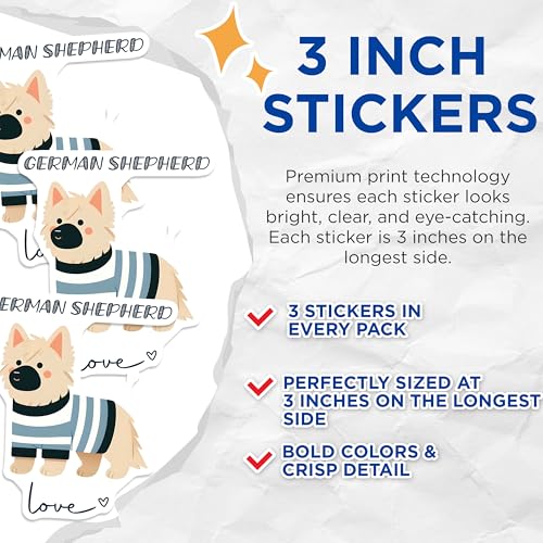 (3 Pack) German Shepherd Decals - Dog Breed Stickers - Cute Pet Decals - 3 Inches On Longest Side - Easy Peel & Apply - Made in USA - 3MCS6064