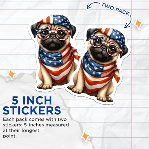 (2 Pack) Cute Pug Stickers - American Flag Pug - Dog Lover Decals - Patriotic Dog Art - 5" On Longest Side - Sticks to Smooth Flat Surfaces - Made in USA - BMCS6976