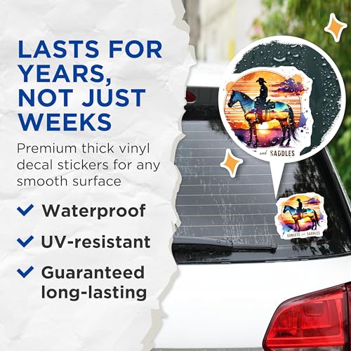 (2 Pack) Western Cowboy Stickers - Sunset and Saddles - Adventure Horse Stickers - 5" On Longest Side - Sticks to Smooth Flat Surfaces - Made in USA - BMCS7125