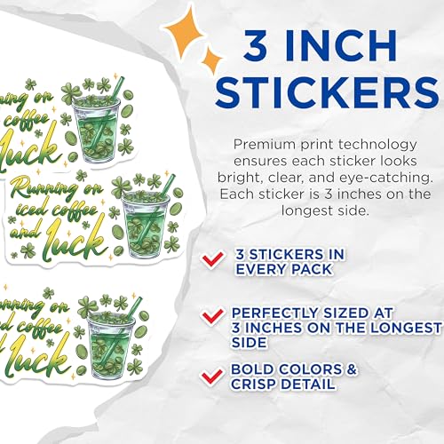 (3 Pack) St Patricks Day Decals - Coffee Luck Quote Stickers - Laptop St Patricks Day Decor - 3 Inches On Longest Side - Easy Peel & Apply - Made in USA - 3MCS7172
