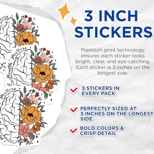 (3 Pack) Mental Health Matters Decals - Floral Brain - Laptop Stickers- 3 Inches On Longest Side - Easy Peel & Apply - Made in USA - 3MCS5712