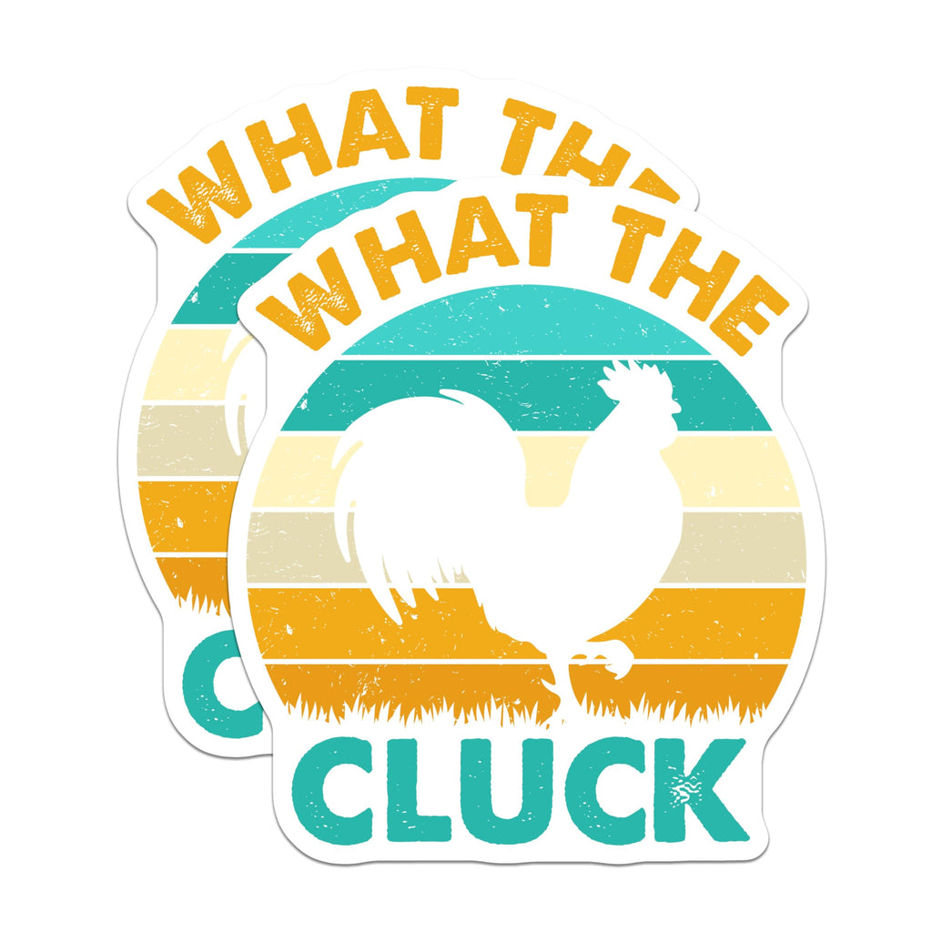 (2 Pack) What The Cluck Stickers - Funny Chicken Stickers - Retro Farm Animal Stickers - 5" On Longest Side - Sticks to Smooth Flat Surfaces - Made in USA - BMCS4929