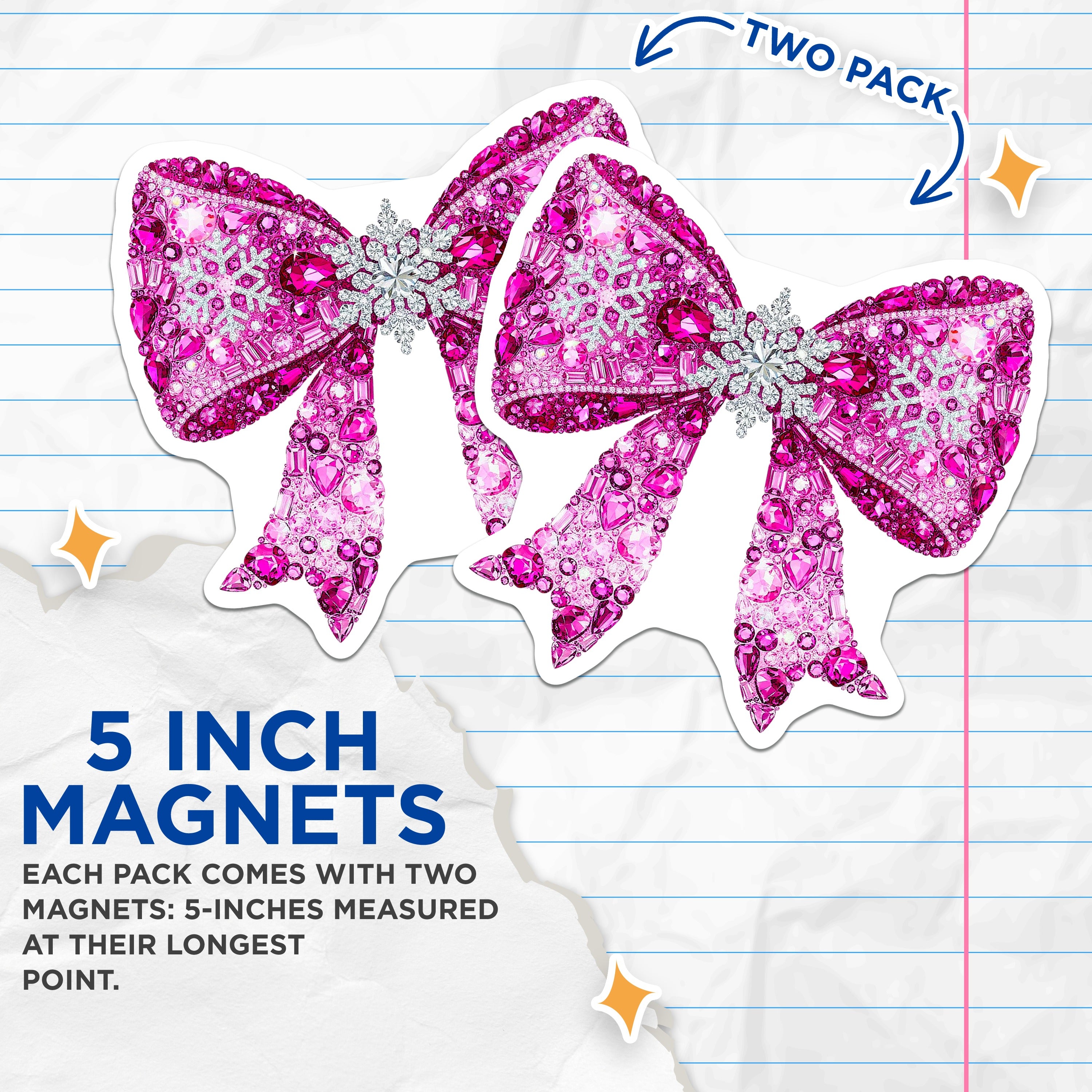 (2 Pack) Pink Bling Bow Magnets - Festive Snowflake Decor - Girly Refrigerator Magnets - 5 Inches On Longest Side - Thick Durable Magnet - Made in USA - MAG37764