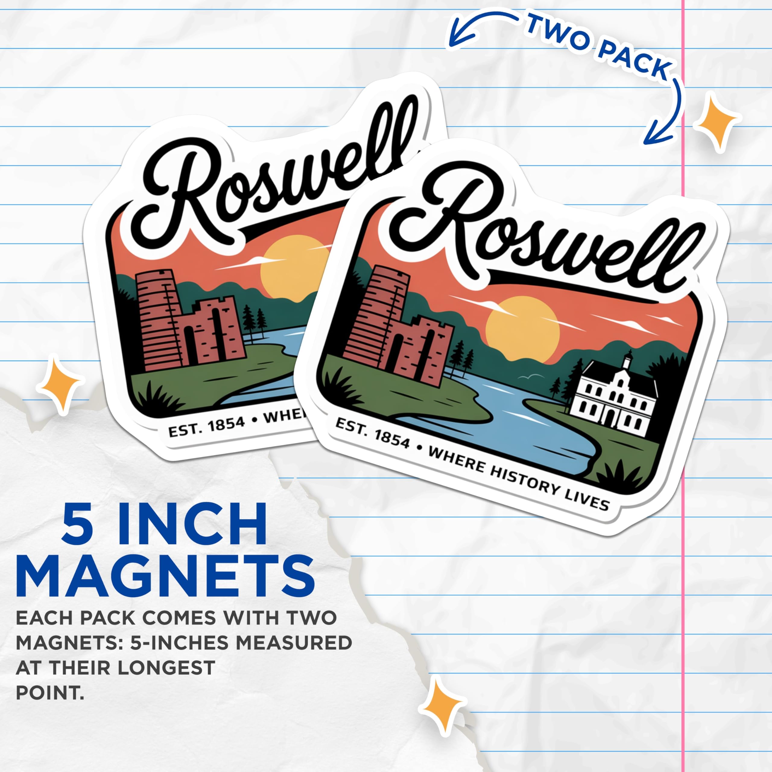 (2 Pack) Roswell Georgia Magnets - Historical Landmark Souvenirs - Cityscape Fridge Decor - 5" On Longest Side - Premium Magnet - for Cars, Refrigerators, Toolboxes, Lockers - Made in USA - MAG18599