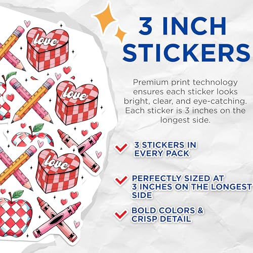 (3 Pack) Love Teacher Decals - Heart Pencils - Apple Crayon Laptop Decal - 3 Inches On Longest Side - Easy Peel & Apply - Made in USA - 3MCS6414