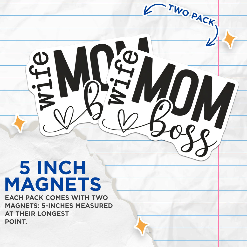 (2 Pack) Wife Mom Boss Magnets - Empowered Mother Quote - Modern Home Fridge Decor - Daily Inspiration - 5 Inches On Longest Side - Thick Durable Magnet - Made in USA - MAG20562