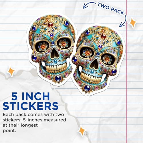 (2 Pack) Colorful Sugar Skull Stickers - Dia de Los Muertos - Day of The Dead Art - 5" On Longest Side - Sticks to Smooth Flat Surfaces - Made in USA - BMCS8602