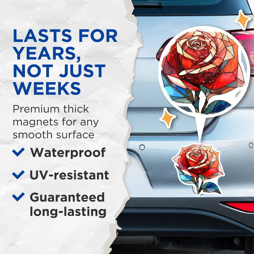 (2 Pack) Stained Glass Rose Magnets - Refrigerator Decor - Artistic Floral Art - 5 Inches On Longest Side - Thick Durable Magnet - Made in USA - MAG39313