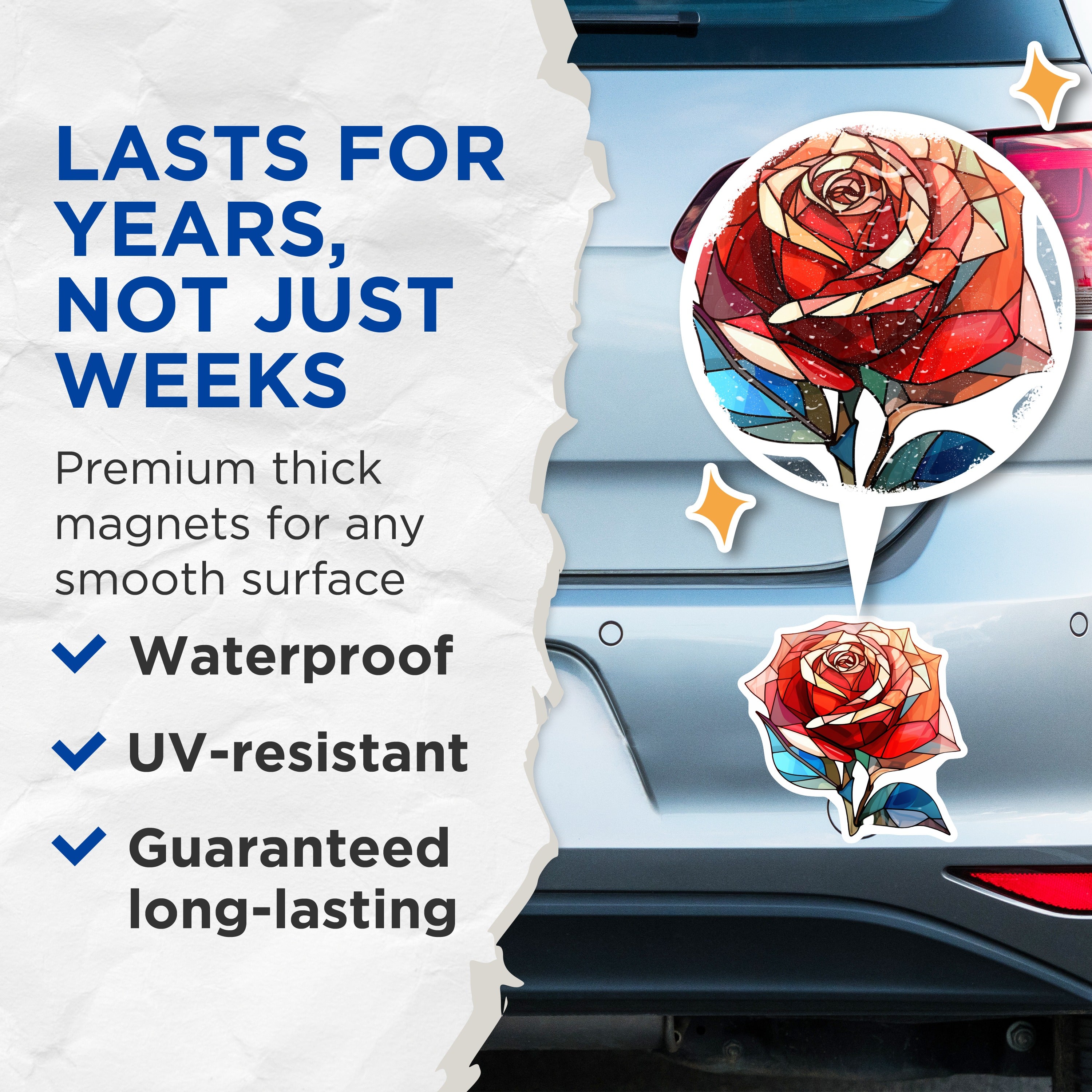 (2 Pack) Stained Glass Rose Magnets - Refrigerator Decor - Artistic Floral Art - 5 Inches On Longest Side - Thick Durable Magnet - Made in USA - MAG39313