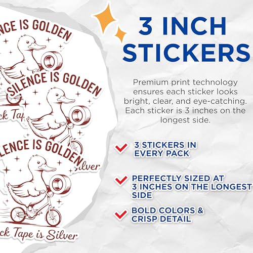 (3 Pack) Duck Tape Decals - Silence is Golden - Funny Laptop Decal - 3 Inches On Longest Side - Easy Peel & Apply - Made in USA - 3MCS1671