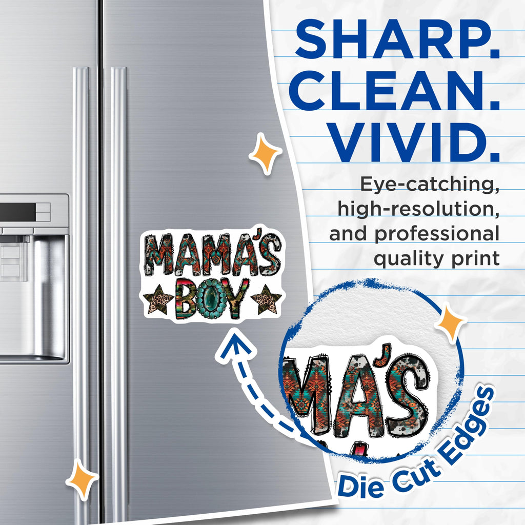 (2 Pack) Mamas Boy Magnets - Western Aztec Cowhide Print - Turquoise Concho Leopard Star - Country Decor for Mom Son - 5 Inches On Longest Side - Thick Durable Magnet - Made in USA - MAG24335