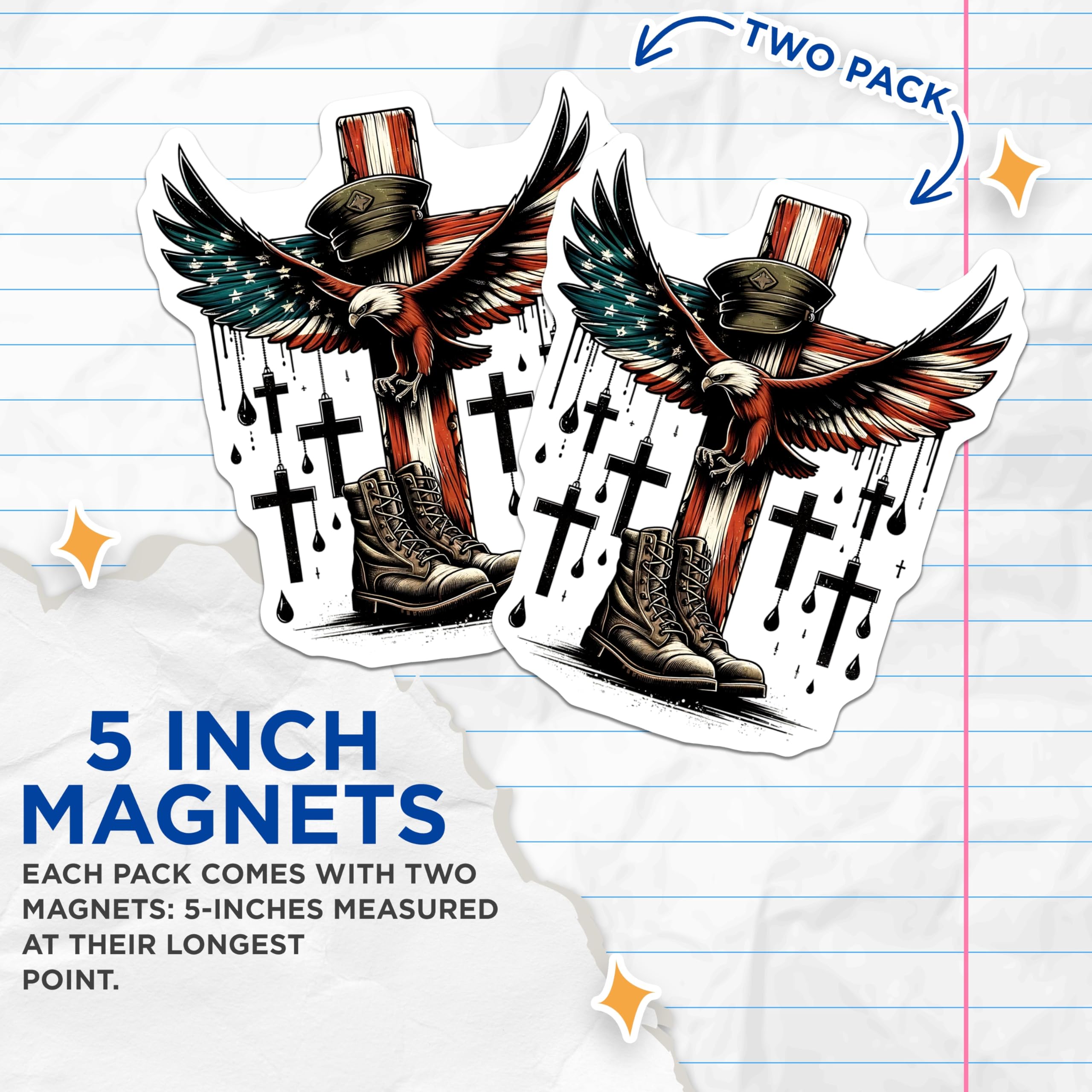 (2 Pack) Patriotic Eagle Magnets - American Flag Decor - Military Cross Design - 5" On Longest Side - Premium Magnet - for Cars, Refrigerators, Toolboxes, Lockers - Made in USA - MAG15550